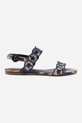 Florence Broderie Flat Sandal In Tie Dye Beige and Navy Raffia Office Appropriate Shoes