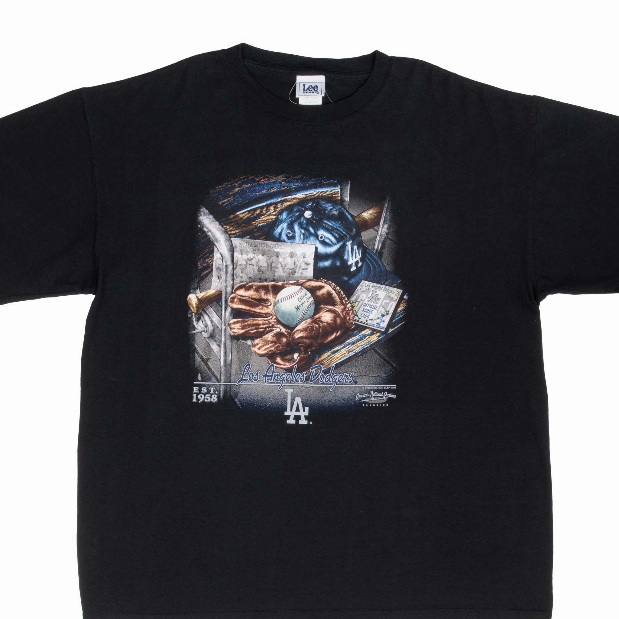 VINTAGE MLB LOS ANGELES DODGERS BLACK TEE SHIRT 2005 SIZE XL Curved Hem