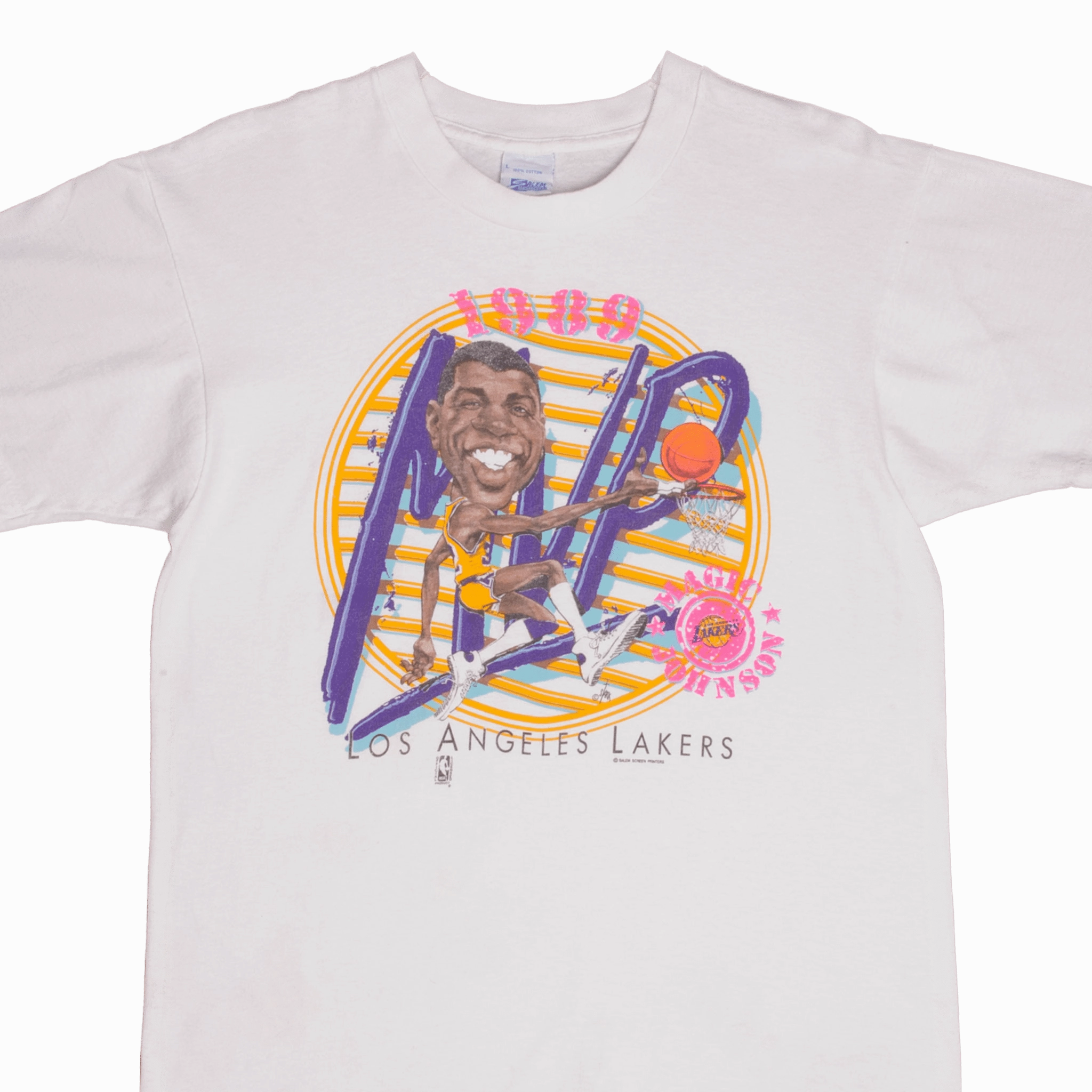 VINTAGE NBA MAGIC JOHNSON LOS ANGELES LAKERS TEE SHIRT 1989 MEDIUM MADE IN USA Drip Dry Fabric Sporty Fit