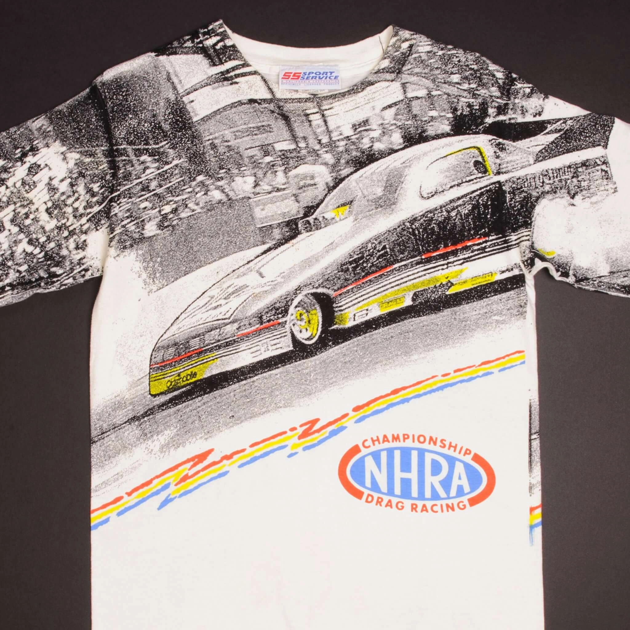 VINTAGE ALL OVER PRINT RACING NHRA DRAG RACING 1990S TEE SHIRT MEDIUM MADE USA Sporty and Stylish Premium Cotton Blend