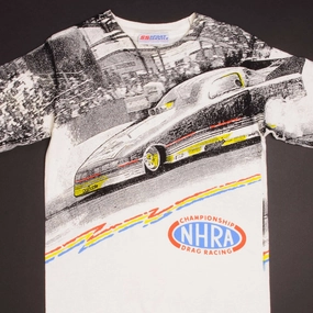 VINTAGE ALL OVER PRINT RACING NHRA DRAG RACING 1990S TEE SHIRT MEDIUM MADE USA Sporty and Stylish Premium Cotton Blend