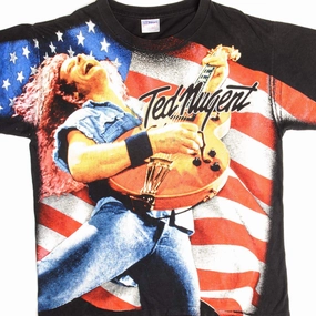 VINTAGE TED NUGENT TEE SHIRT 1990s SIZE LARGE ALL OPVER PRINT Pullover Garment Dyed Technique