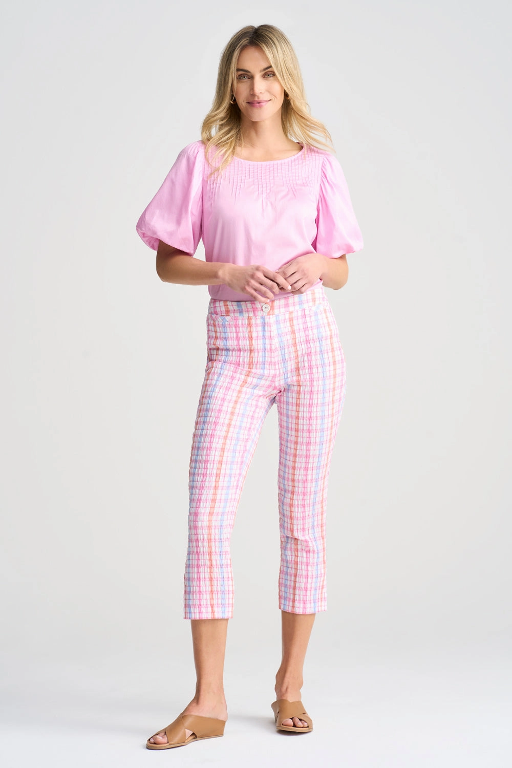 Quick Adjust Fit Gingham Capri Pant - Pastel Check