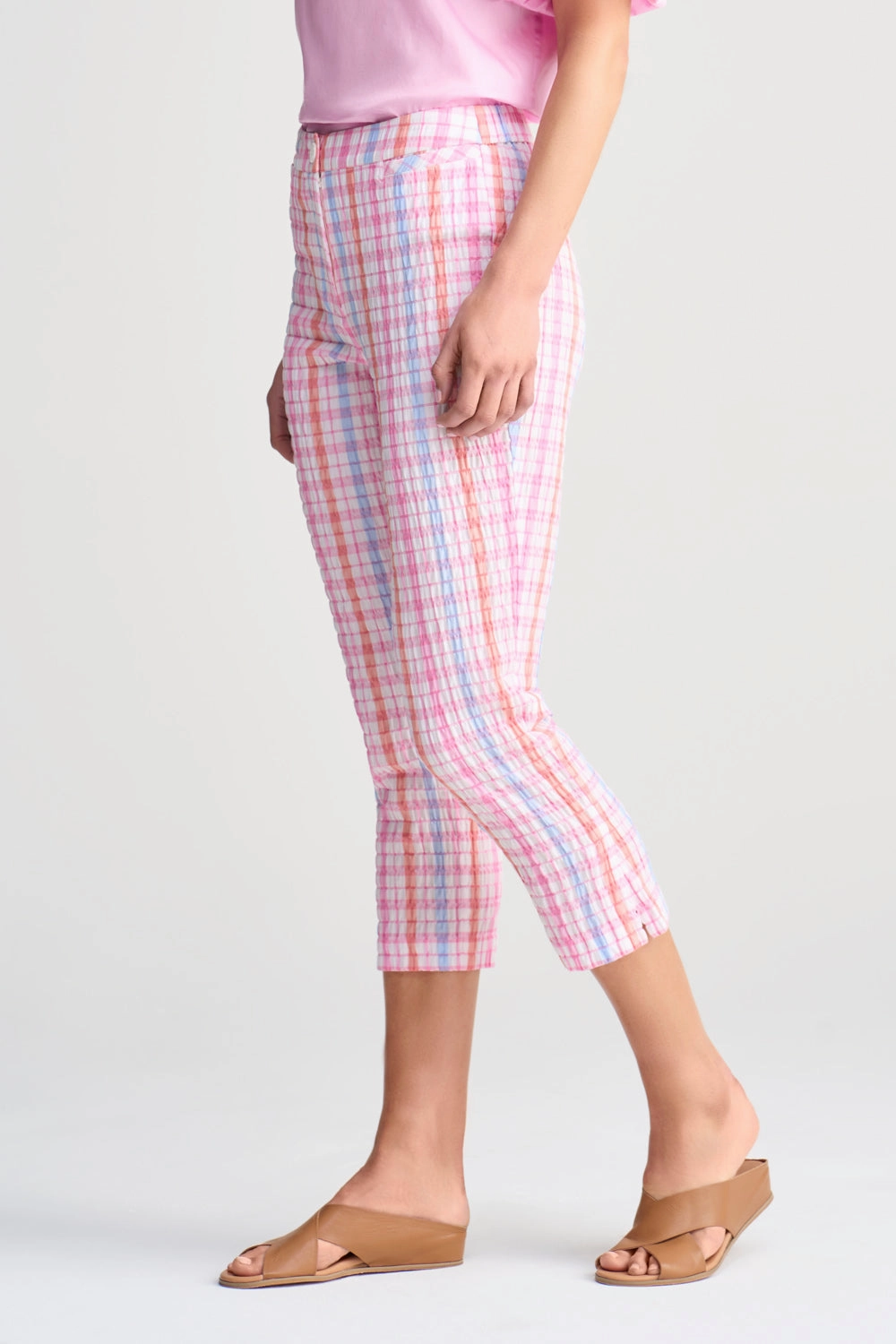 Windproof Design Premium Stretch Gingham Capri Pant - Pastel Check