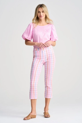 Quick Adjust Fit Gingham Capri Pant - Pastel Check