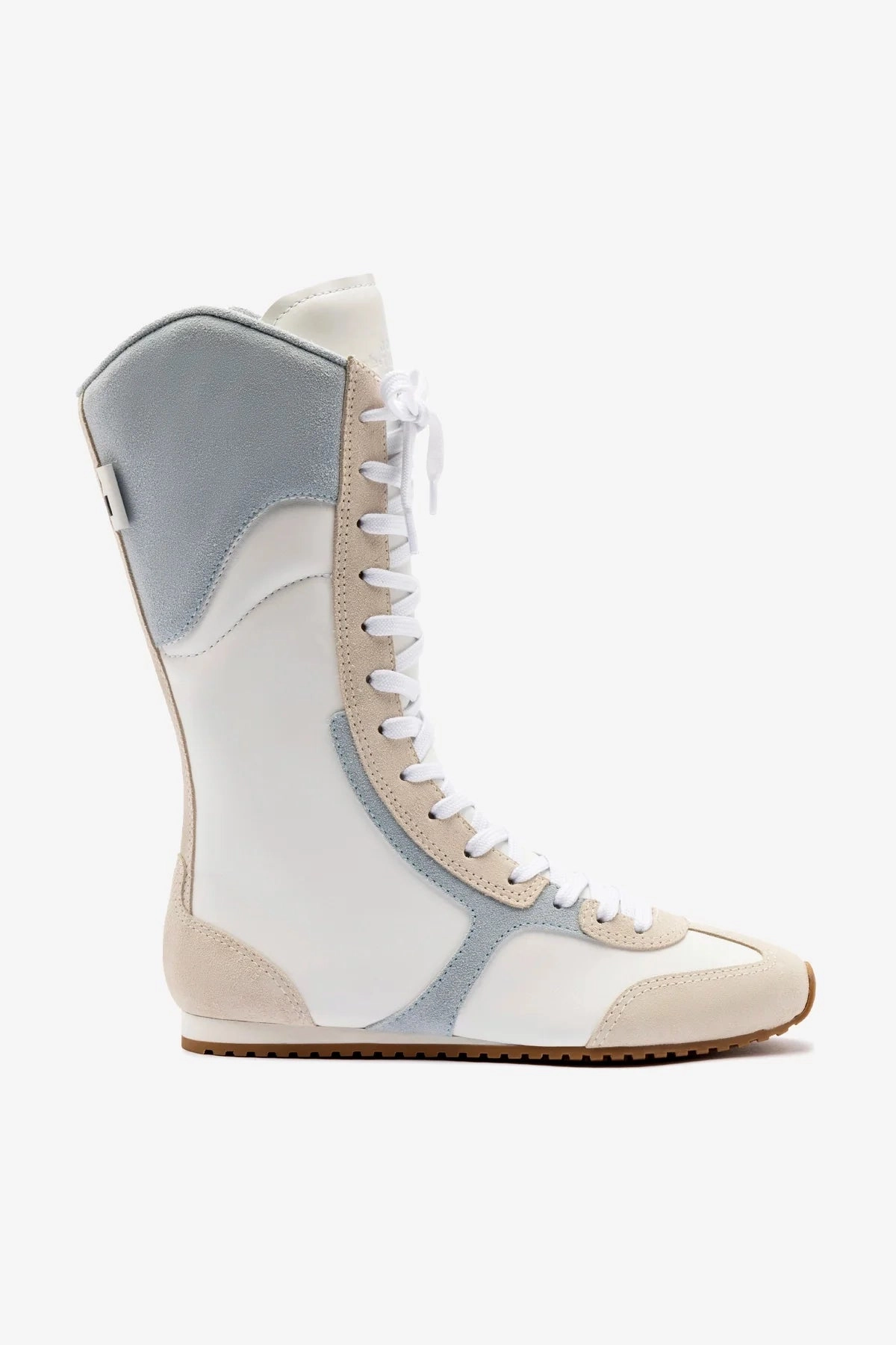 Quick Wear Larroud?? x Jonathan Cohen Flat Lo Sneaker Boot In White Leather, Maya and Mushroom Grey Suede