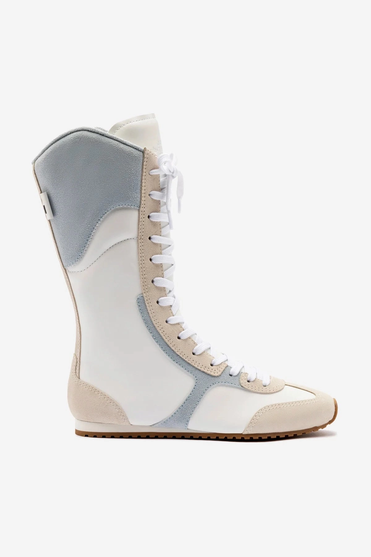 Flexible Outsole Larroud?? x Jonathan Cohen Flat Lo Sneaker Boot In White Leather, Maya and Mushroom Grey Suede