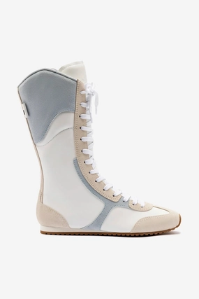 Flexible Outsole Larroud?? x Jonathan Cohen Flat Lo Sneaker Boot In White Leather, Maya and Mushroom Grey Suede