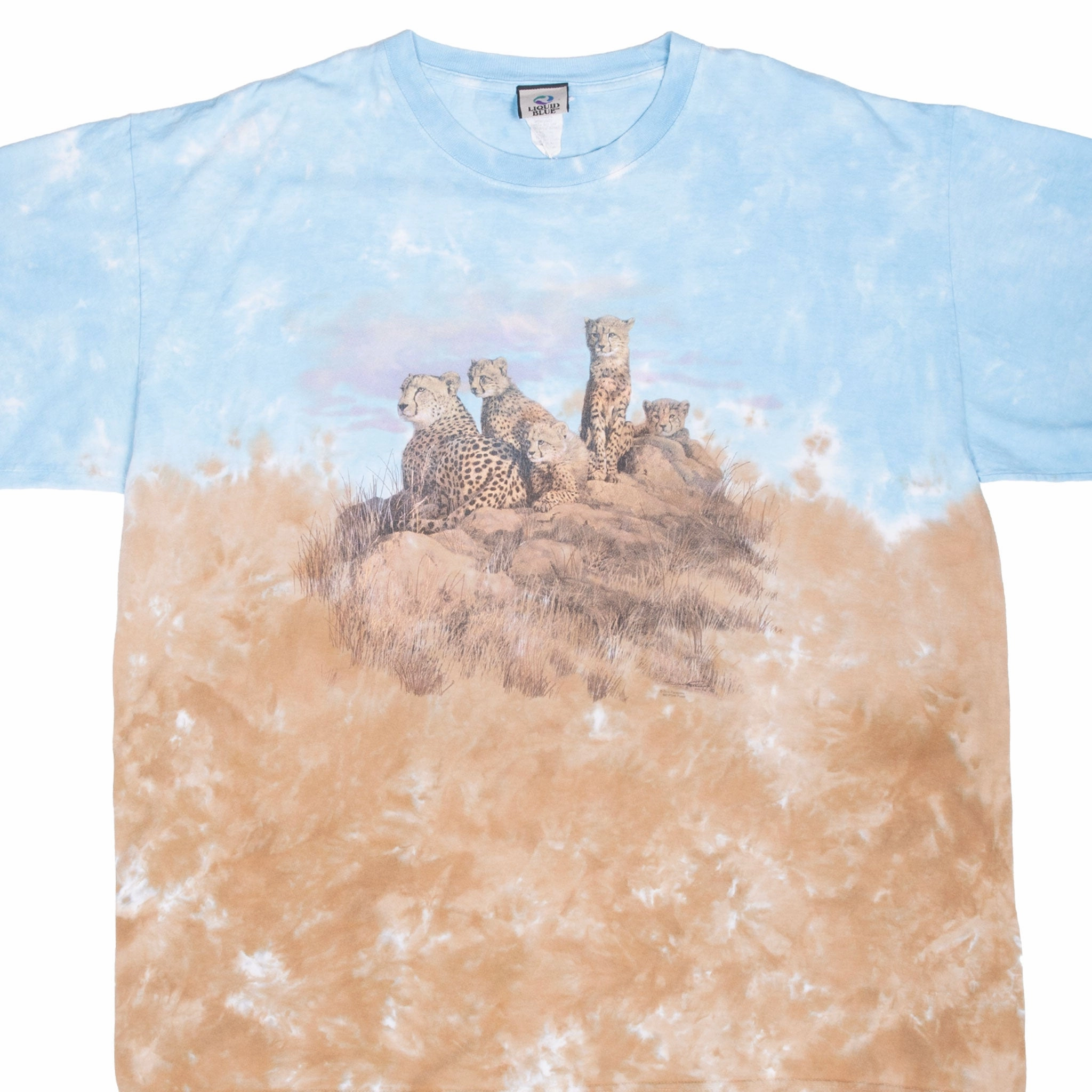 Micro Perforated Fabric VINTAGE TIE DYE ANIMAL PRINT JAGUAR SAVANA ZOO LIQUID BLUE TEE SHIRT 1990 2XL