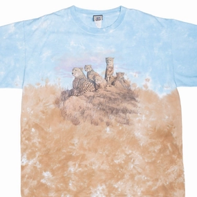 Micro Perforated Fabric VINTAGE TIE DYE ANIMAL PRINT JAGUAR SAVANA ZOO LIQUID BLUE TEE SHIRT 1990 2XL