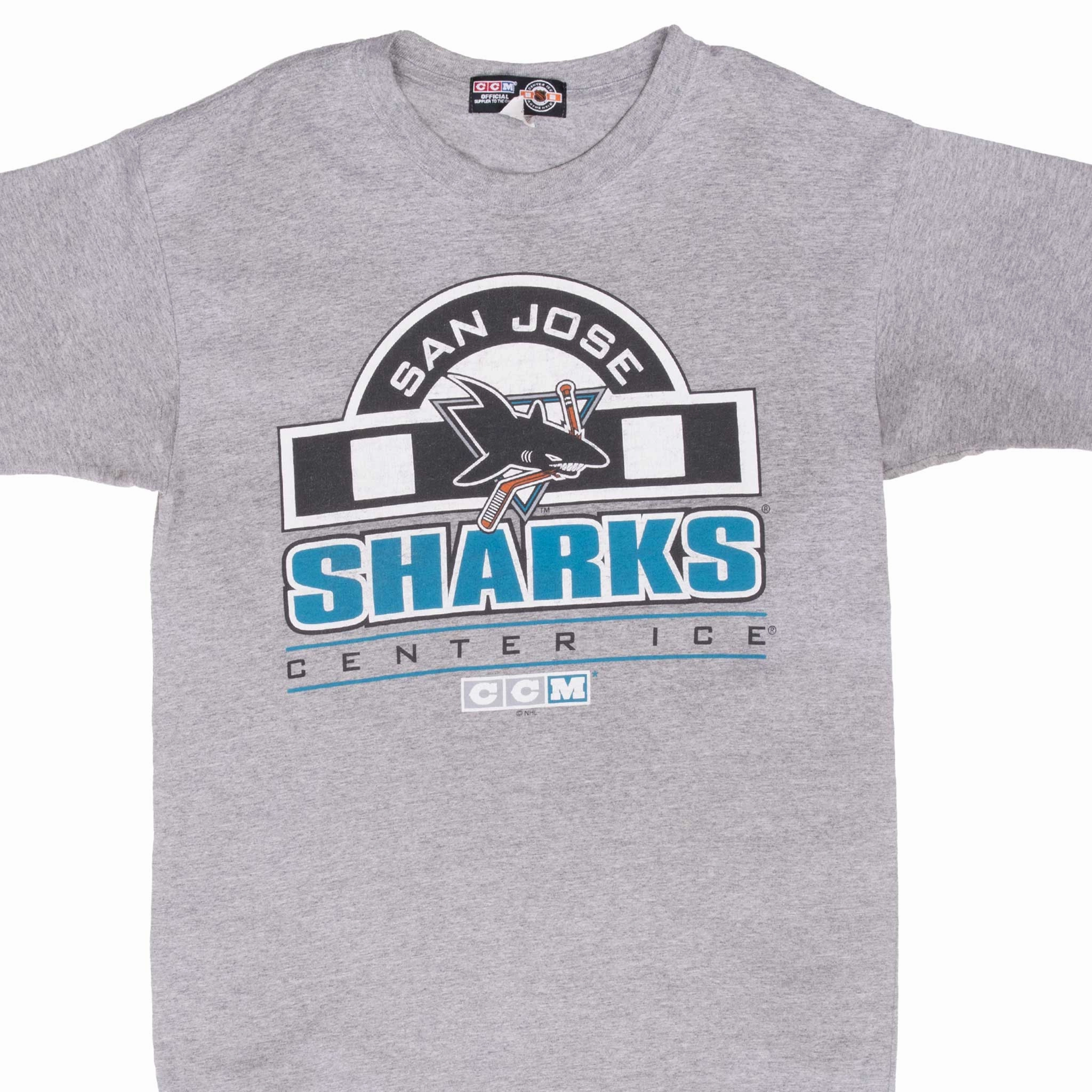 Urban Fit Glossy Look VINTAGE NHL SAN JOSE SHARKS TEE SHIRT 1990S SIZE LARGE