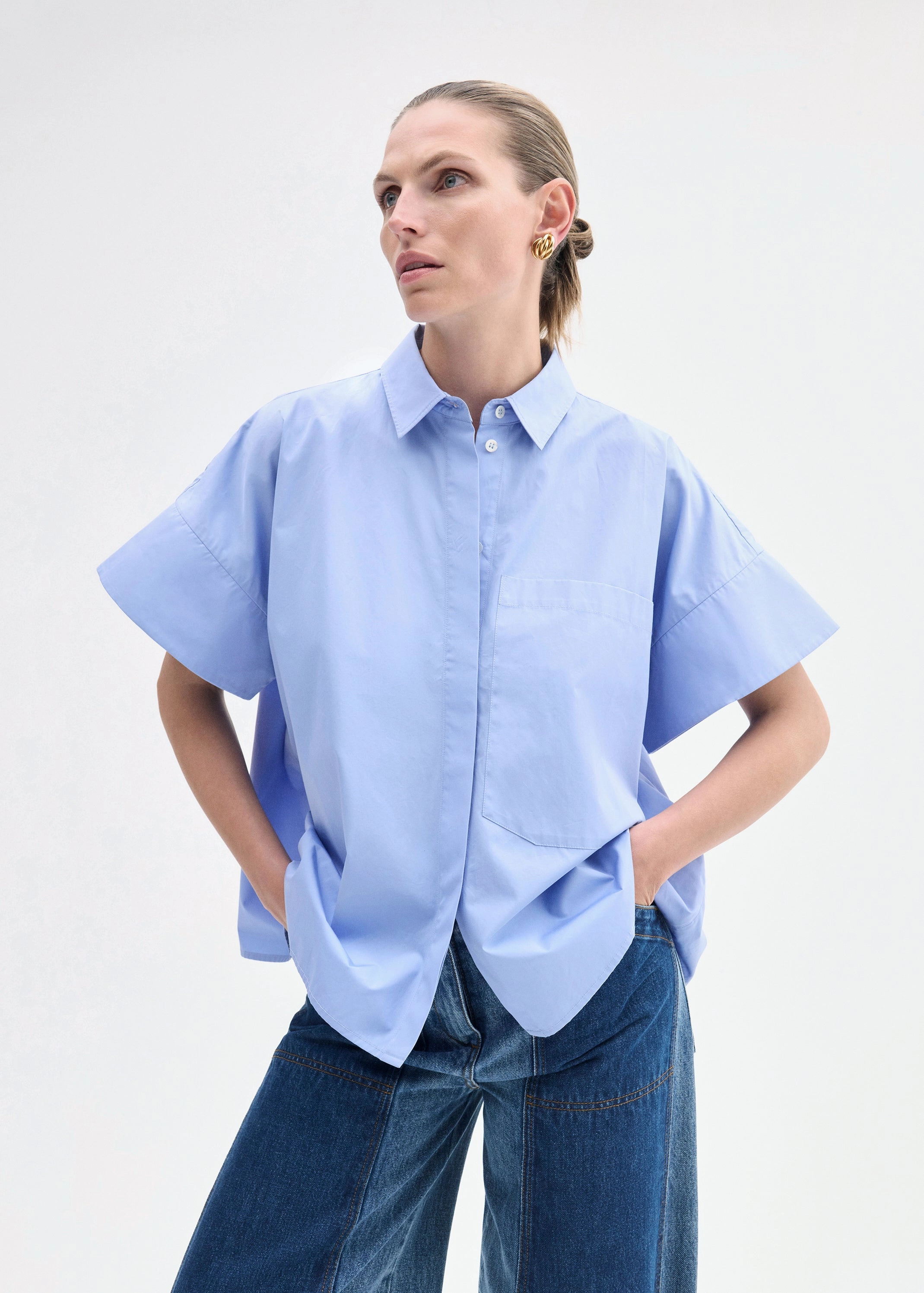 Boxy Short Sleeve Shirt in Cotton Poplin - Blue Sleepwear