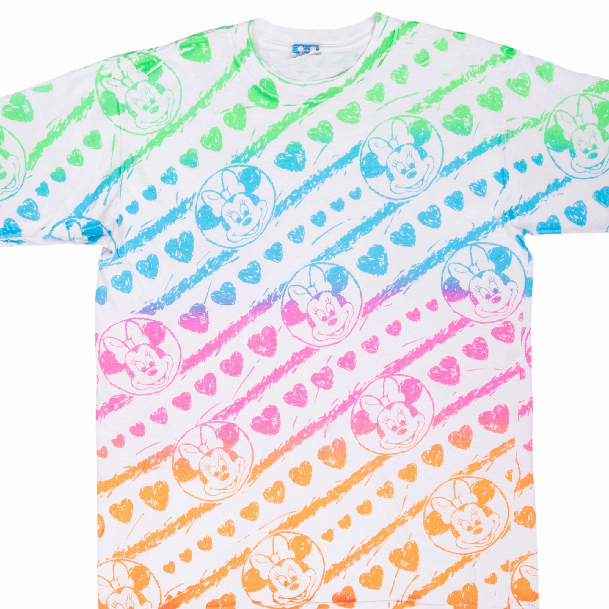 VINTAGE ALL OVER PRINT RAINBOW DISNEY MINNIE TEE SHIRT 1990S LARGE MADE IN USA Heather Texture Finish Lint Resistant Surface