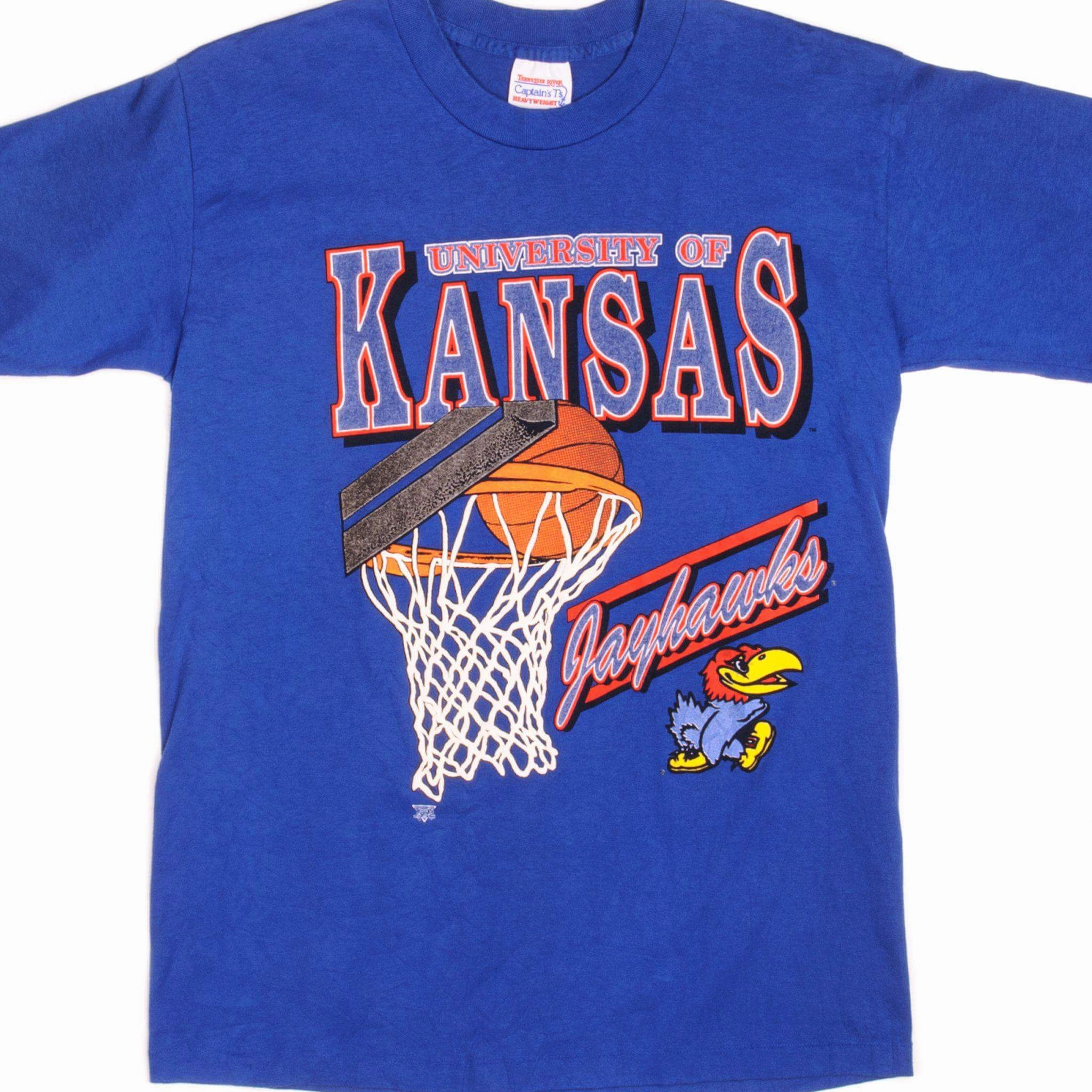 VINTAGE UNIVERSITY OF KANSAS JAYHAWKS TEE SHIRT 1988 1993 SIZE MEDUM MADE IN USA Flexible Cuff Design