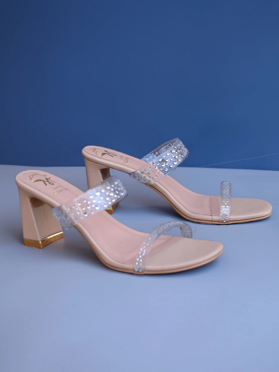 Season Vibe Black Leather Stilettos Minaqo Nude Block Heels