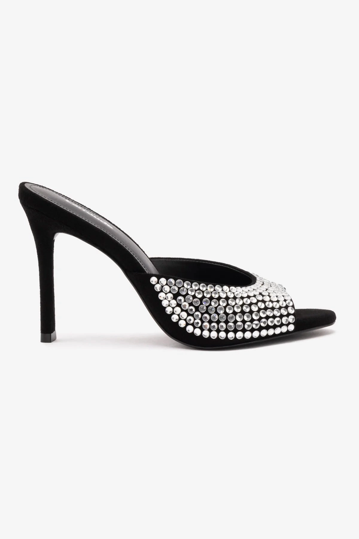 Breezy Casual Look Stretchable Jasmine Hi Mule In Black Suede and Crystals