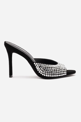Breezy Casual Look Stretchable Jasmine Hi Mule In Black Suede and Crystals