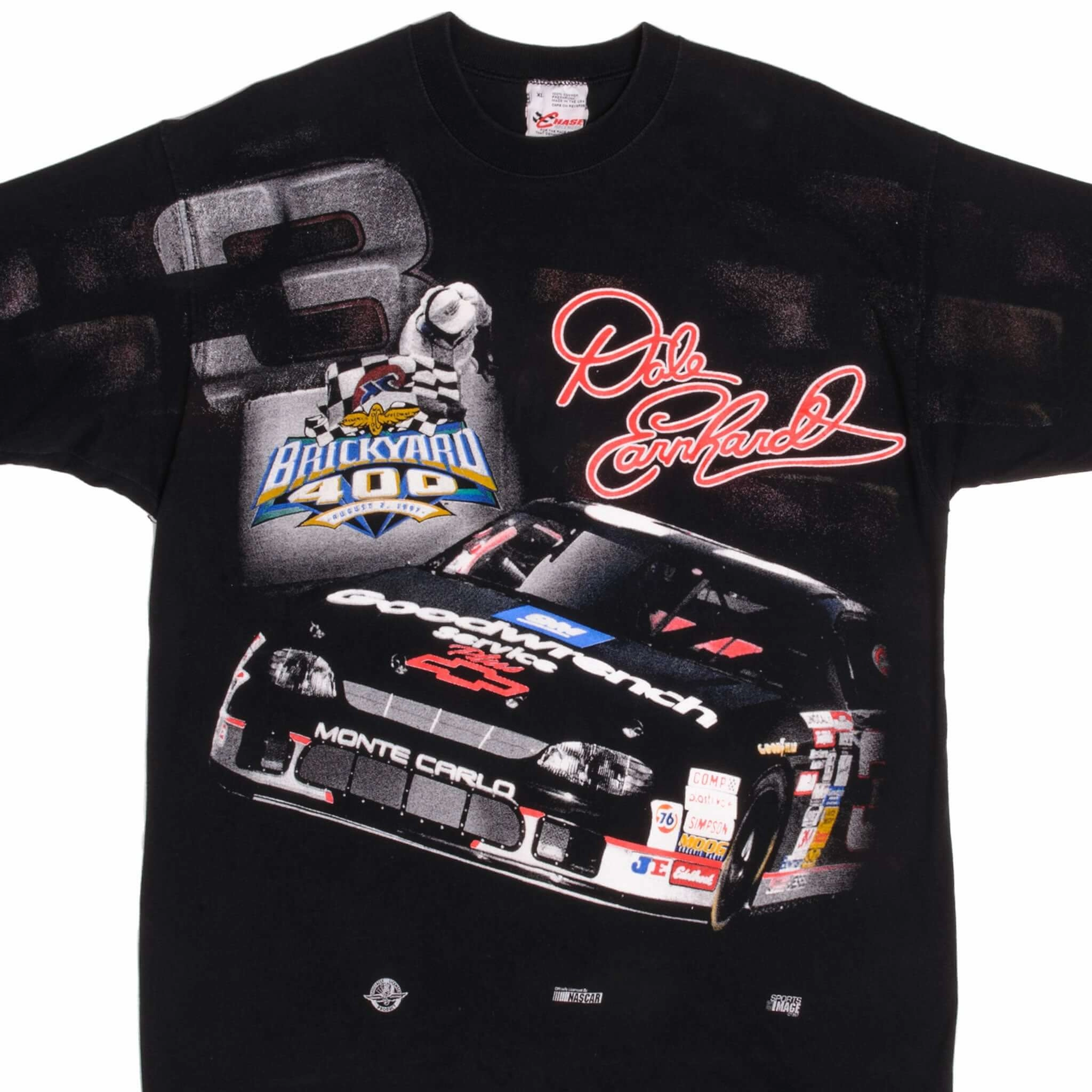 Low Impact Manufacturing Casual Day Wear VINTAGE NASCAR ALLOVER PRINT DALE EARNHARDT BRICKYARD 1997 TEE SHIRT XL MADE USA