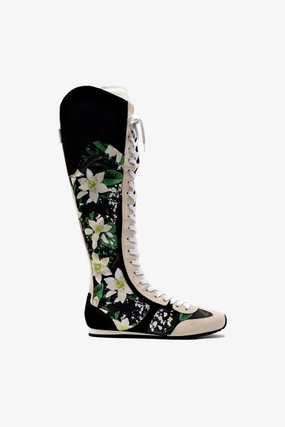 Larroud?? x Jonathan Cohen Flat Hi Sneaker Boot In Black Gardenias Satin And Black Suede Insulated River Crossing Arctic Cool