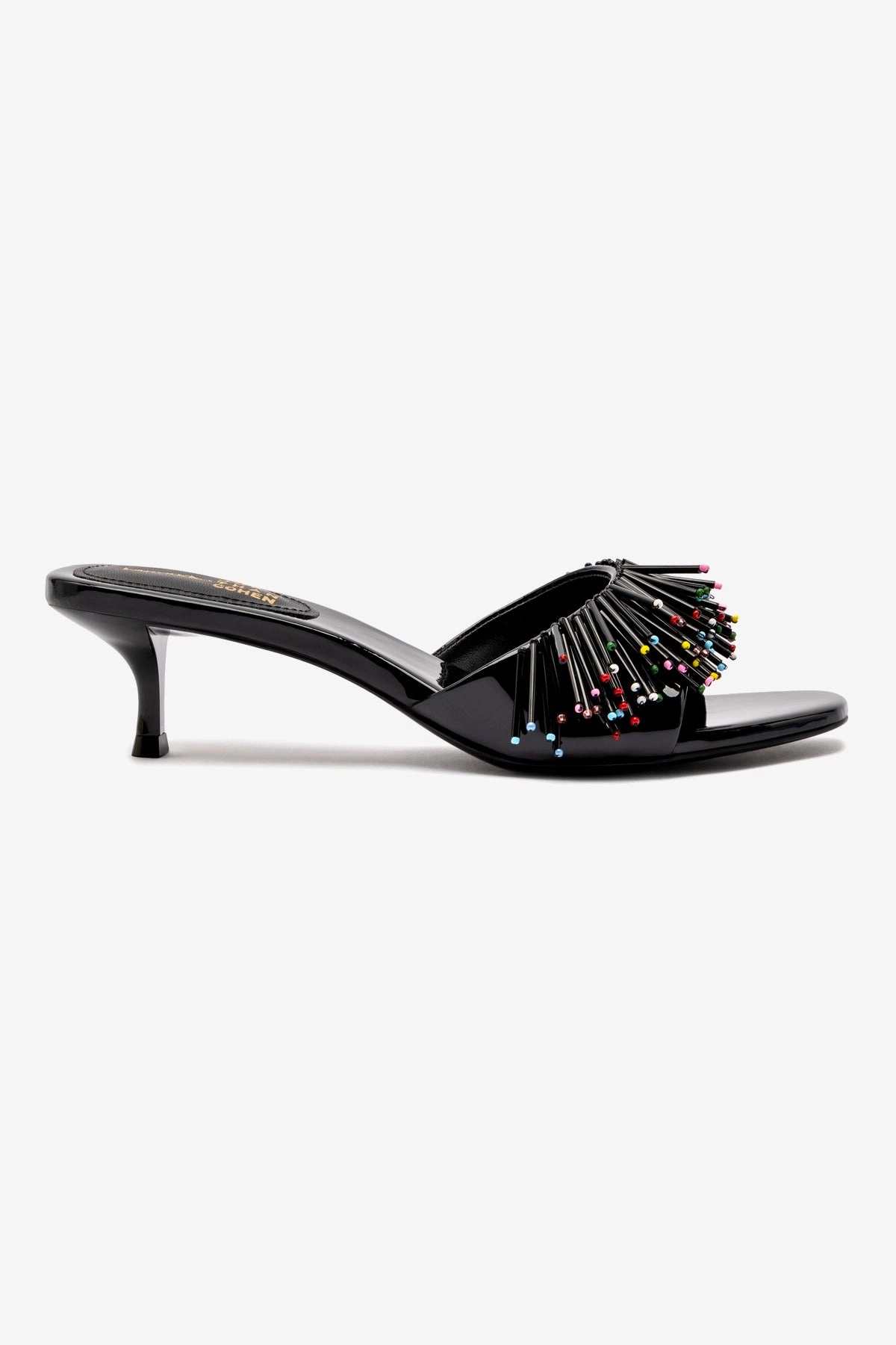 Molded Footbed Slip On Convenience Larroud?? x Jonathan Cohen Fringe Greta Mule In Black Patent Leather