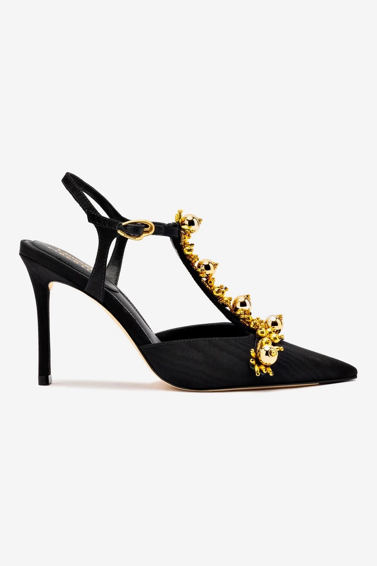 Travel Heels Flex grooves Larroud?? x Libertine Pump In Black Fabric and Golden Balls
