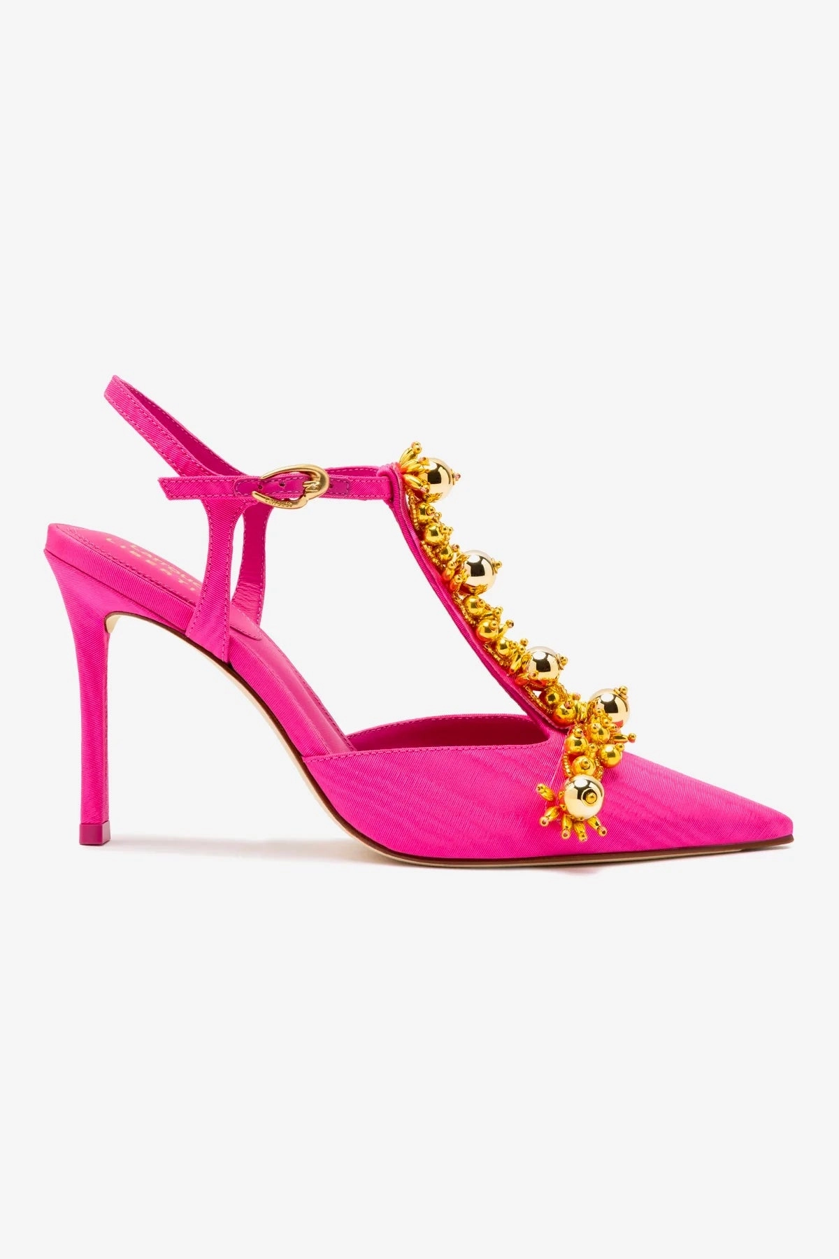 Pointed Heels Comfortable Insole Larroud?? x Libertine Pump In Magenta Fabric and Golden Balls