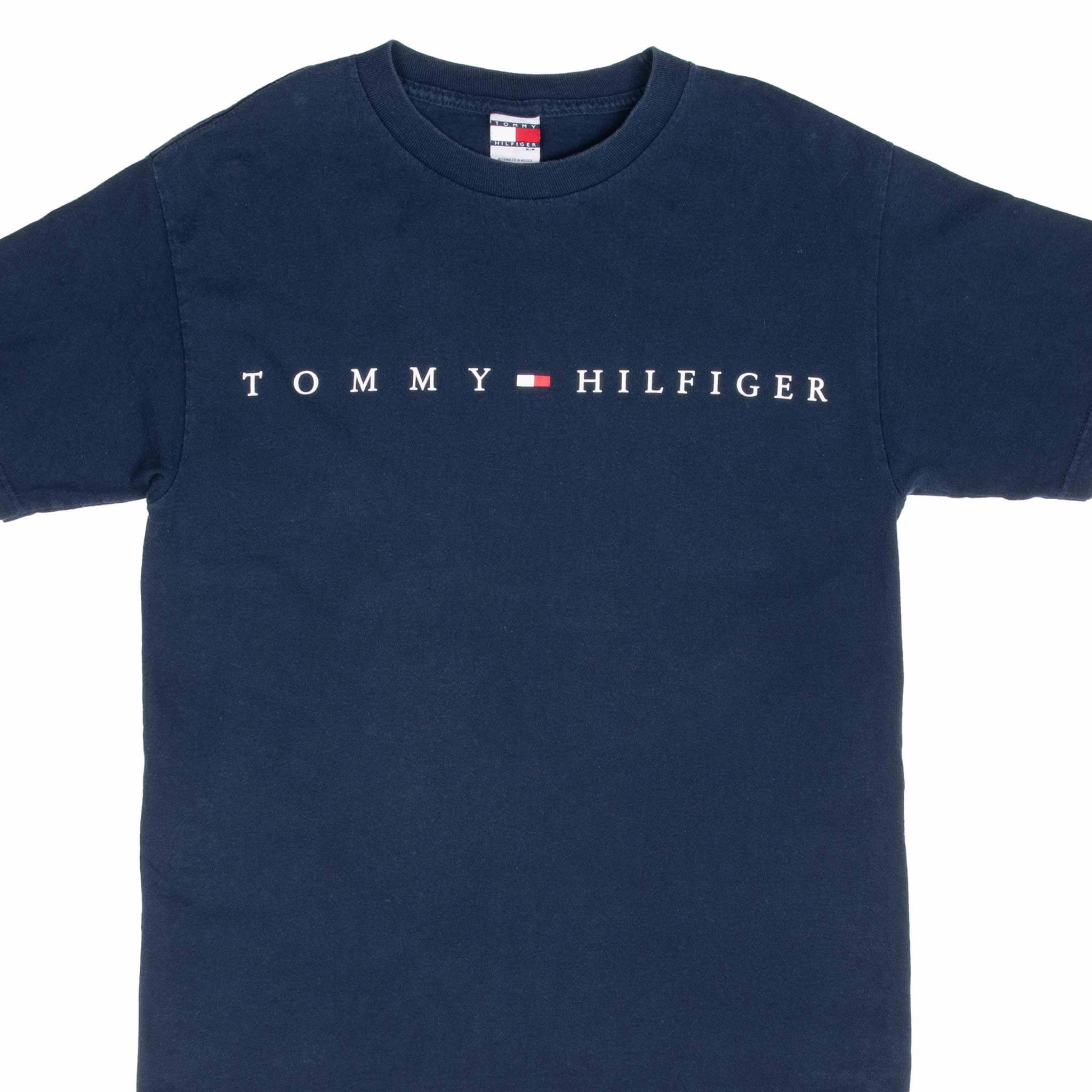 VINTAGE TOMMY HILFIGER SPELLOUT NAVY BLUE TEE SHIRT 1990S MEDIUM Minimalist Aesthetic Sustainable
