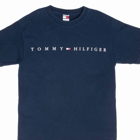 VINTAGE TOMMY HILFIGER SPELLOUT NAVY BLUE TEE SHIRT 1990S MEDIUM Minimalist Aesthetic Sustainable