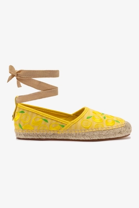Letizia Espadrille Flat In Sunrise Striped Fabric and Sicilian Lemon Embroidery Look Out