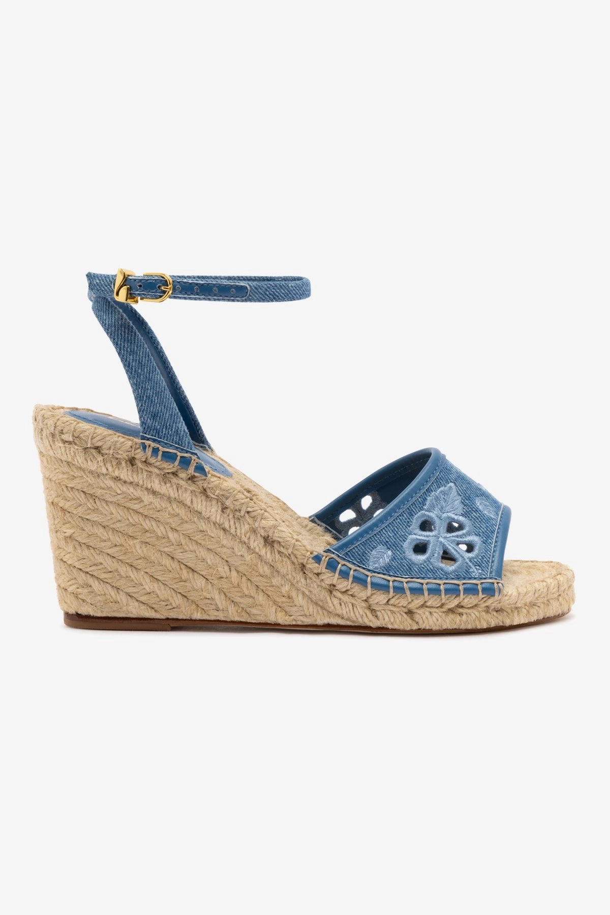 Contoured Shape Trail Ready Letizia Espadrille Wedge In Blue Stoned Denim and Hibiscus Broderie