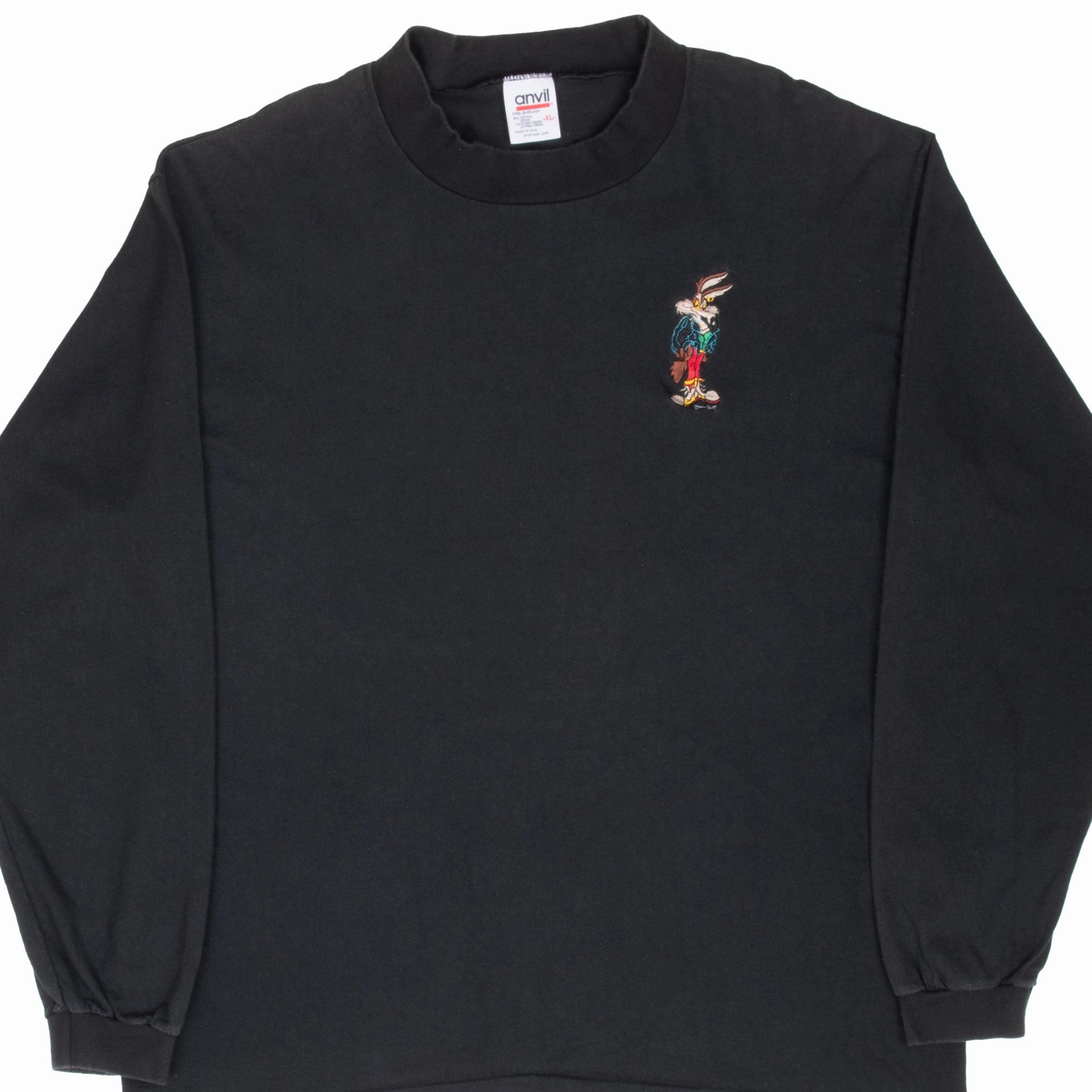 VINTAGE LOONEY TUNES WILE E COYOTE EMBROIDERED LONG SLEEVE TEE SHIRT 1990S LARGE Layered Hem Design Non Irritating Collar