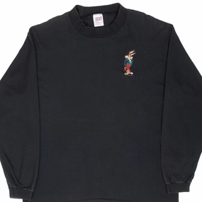 VINTAGE LOONEY TUNES WILE E COYOTE EMBROIDERED LONG SLEEVE TEE SHIRT 1990S LARGE Layered Hem Design Non Irritating Collar