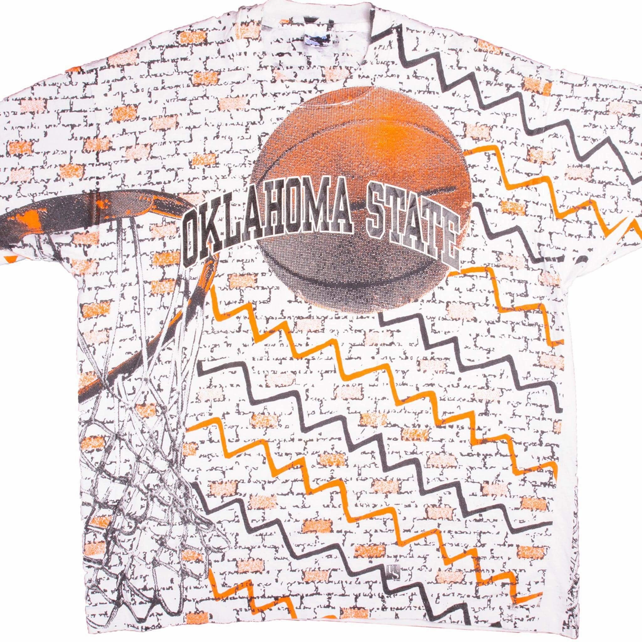 Low Impact Manufacturing Travel Light VINTAGE ALL OVER PRINT OKLAHOMA STATE BASKETBALL TEE SHIRT 1990S XL MADE USA