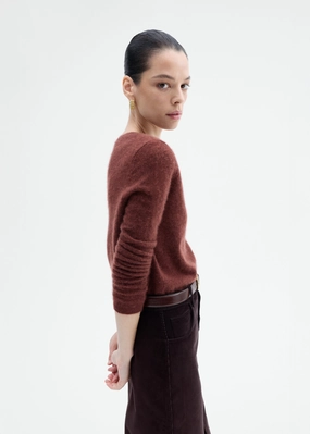 Long Sleeve Crew Sweater in Cashmere Silk - Brick LowProfile Stitching Compression Fit