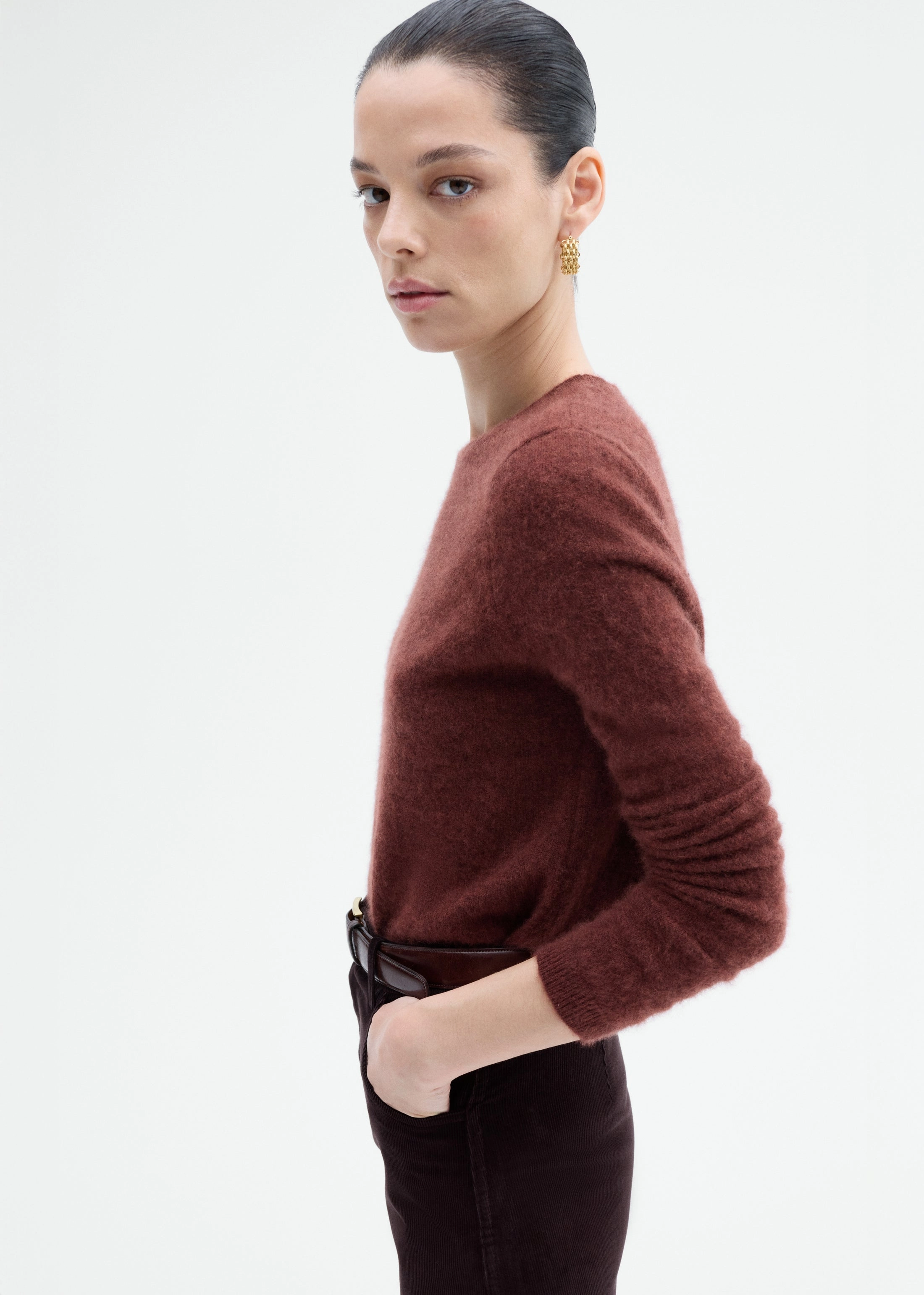 Long Sleeve Crew Sweater in Cashmere Silk - Brick WrinkleResistant Thermoregulating Fabric