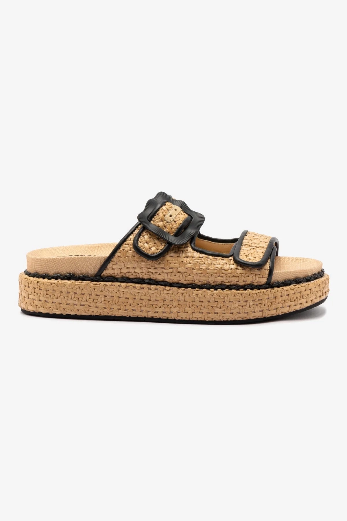 Maui Slide In Tapestry Natural Raffia and Black Trimming Shop Fair Minimalist Footwear