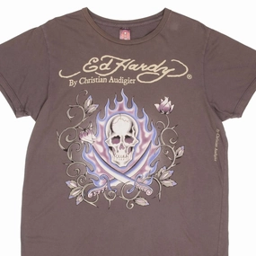 VINTAGE ED HARDY SKULL AND ROSES TEE SHIRT 2000S SIZE XL MADE IN USA Scoop neck