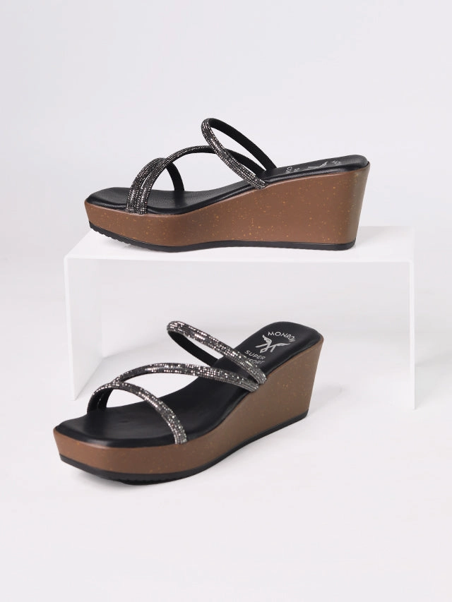 Axelle Black Wedge Heels Comfort Cushion Comfortable Heeled Sandals