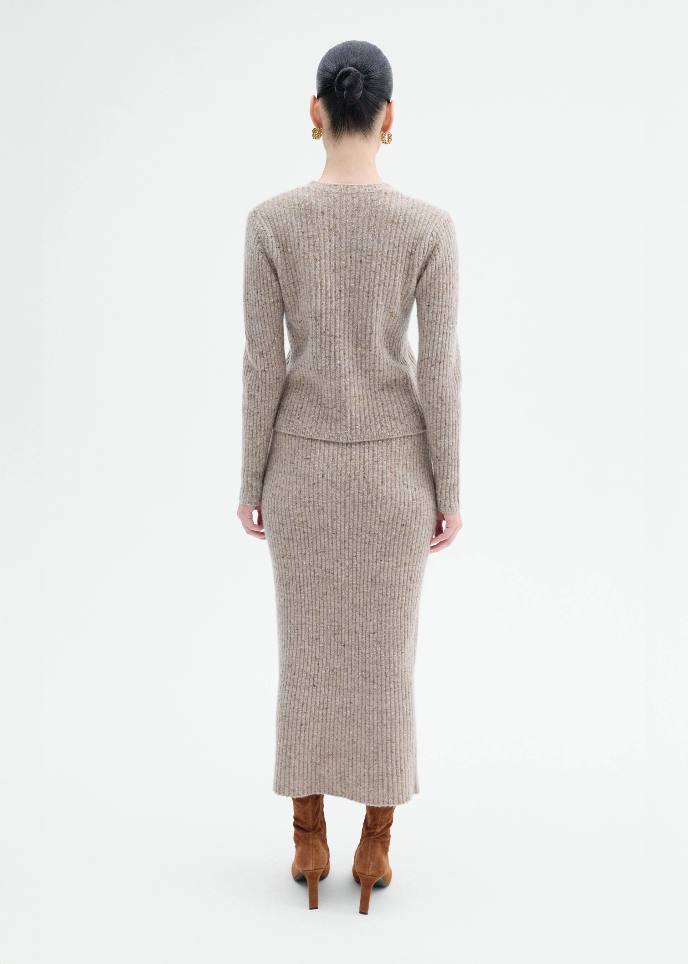 Midi Knit Skirt in Wool Cashmere - Antelope Cozy Loopback Fabric Travel Light