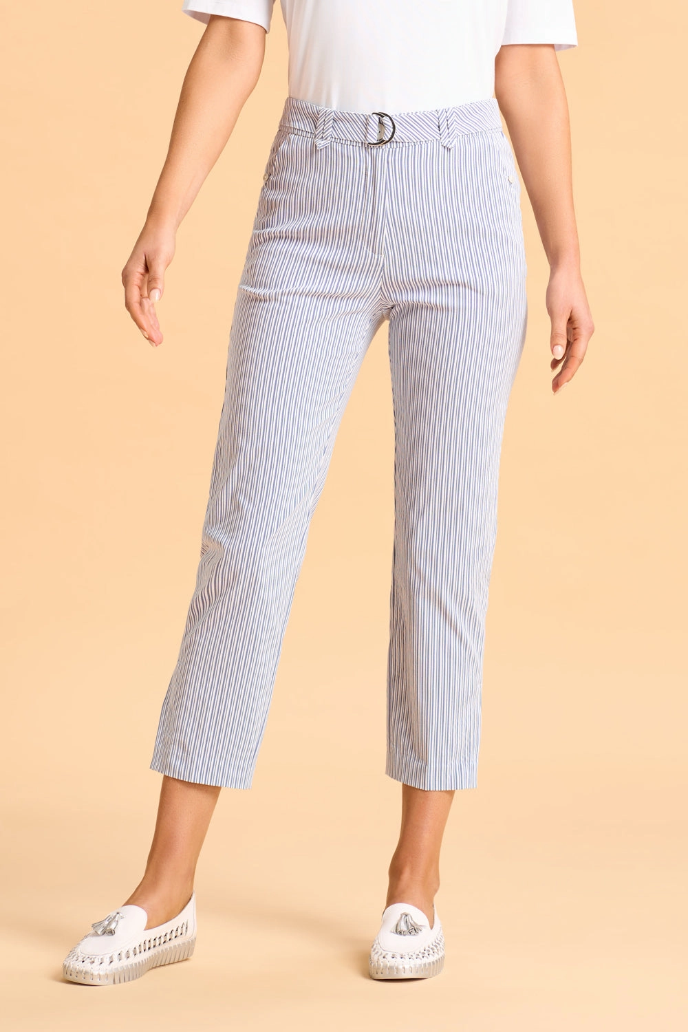 Soft Material Seersucker Stripe Capri Pant - Navy & White Stripe