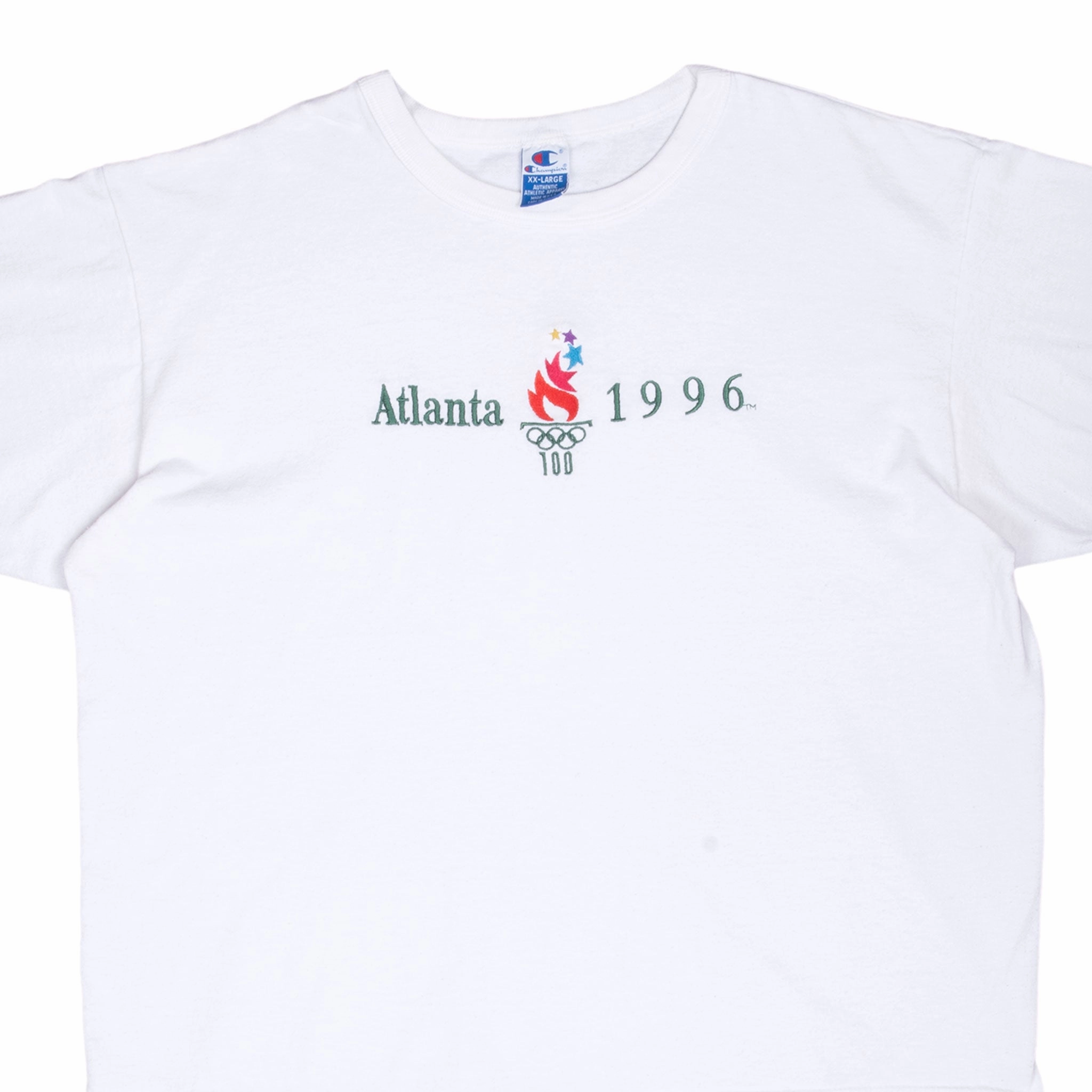 VINTAGE CHAMPION ATLANTA OLYMPICS 1996 WHITE TEE SHIRT 2XL MADE IN USA Layering Comfort Wear