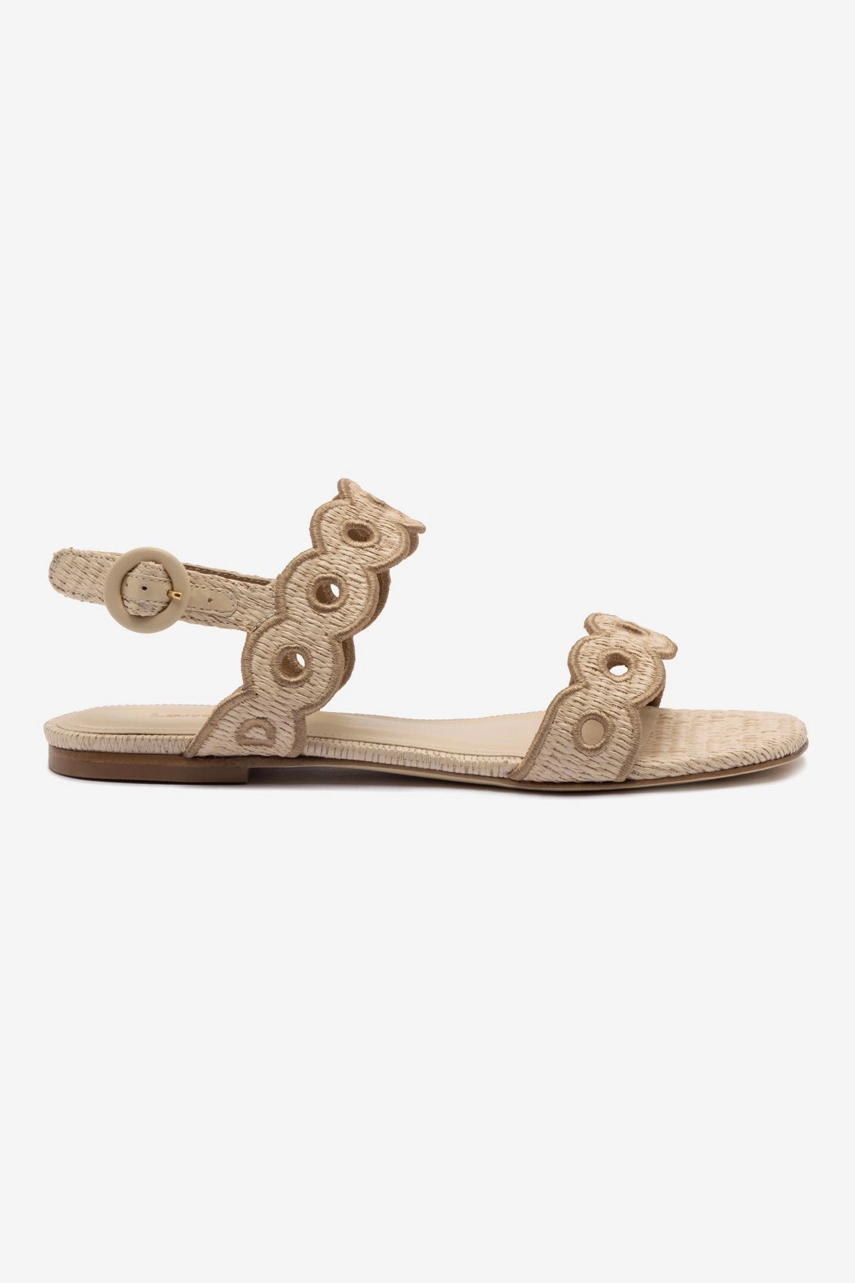 Florence Broderie Flat Sandal In Natural Raffia and Hazelnut Trimming Button up