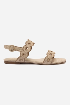 Florence Broderie Flat Sandal In Natural Raffia and Hazelnut Trimming Trendy Look Korean style