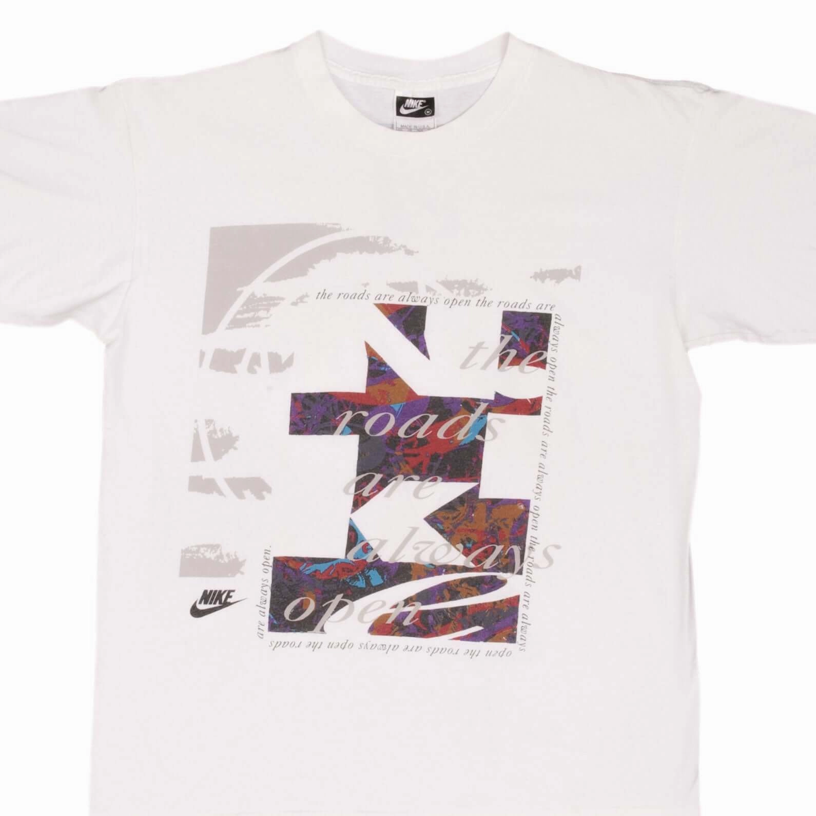 VINTAGE NIKE THE ROADS ARE ALWAYS OPEN TEE SHIRT 1990S SIZE MEDIUM MADE IN USA NonIrritating Fabric