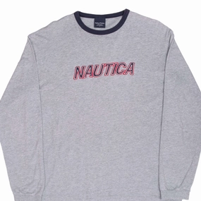 MinimalBranding VINTAGE NAUTICA EMBROIDERED GREY LONG SLEEVE TEE SHIRT 2000S LARGE