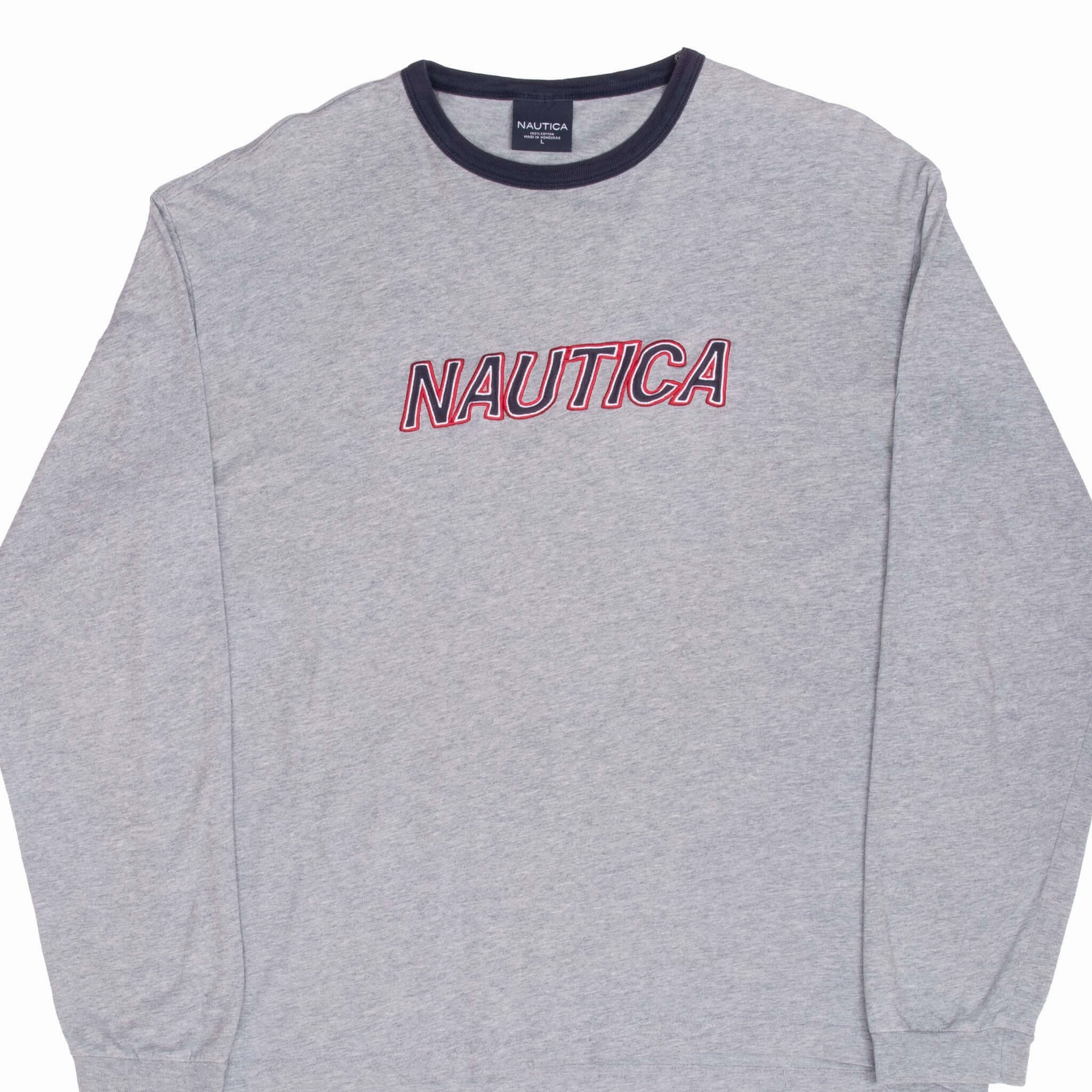 MinimalBranding VINTAGE NAUTICA EMBROIDERED GREY LONG SLEEVE TEE SHIRT 2000S LARGE