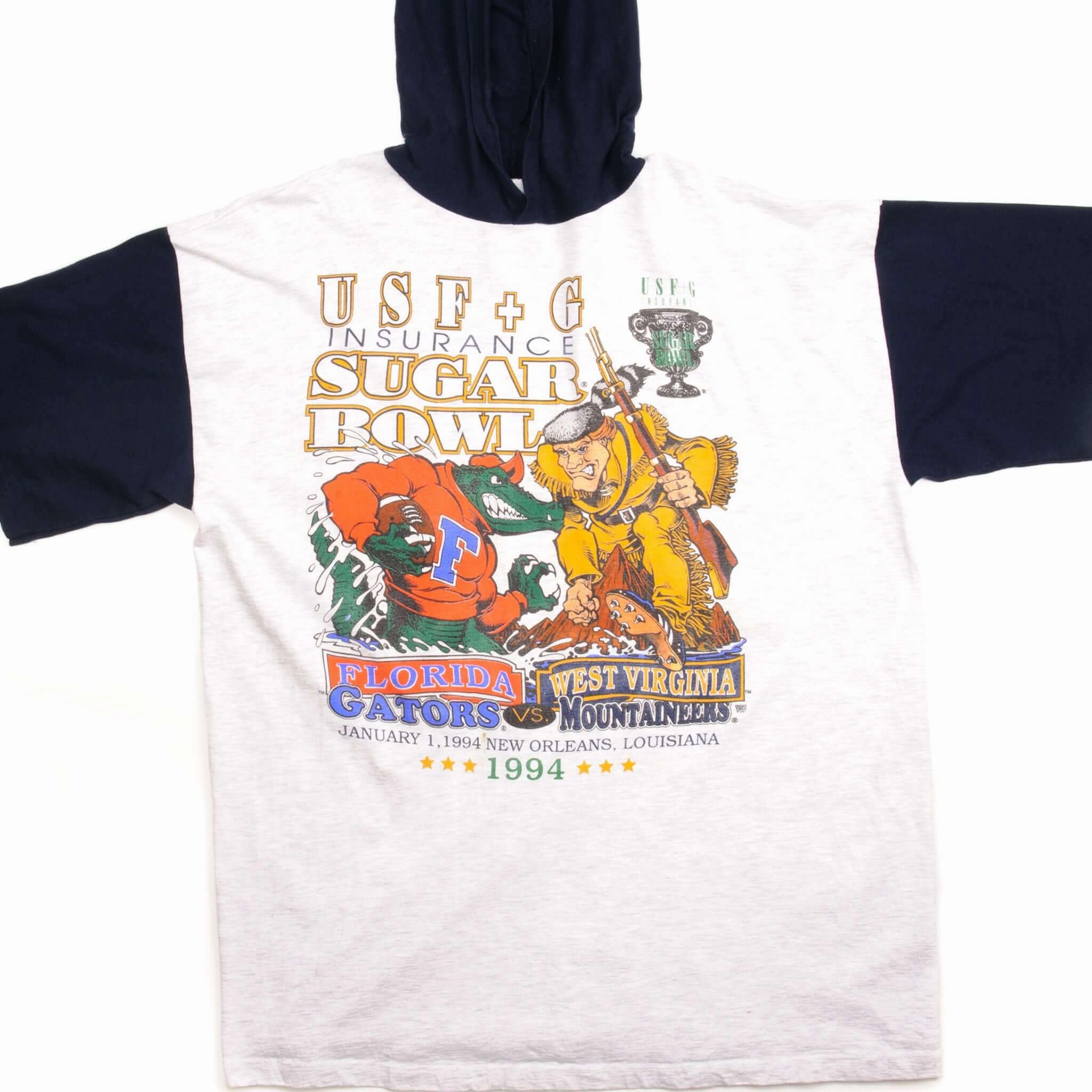 VINTAGE NCAA FL GATORS VS WV MOUNTAINEERS HOODED TEE SHIRT 1994 XL MADE IN USA AntiPilling Treatment simple design