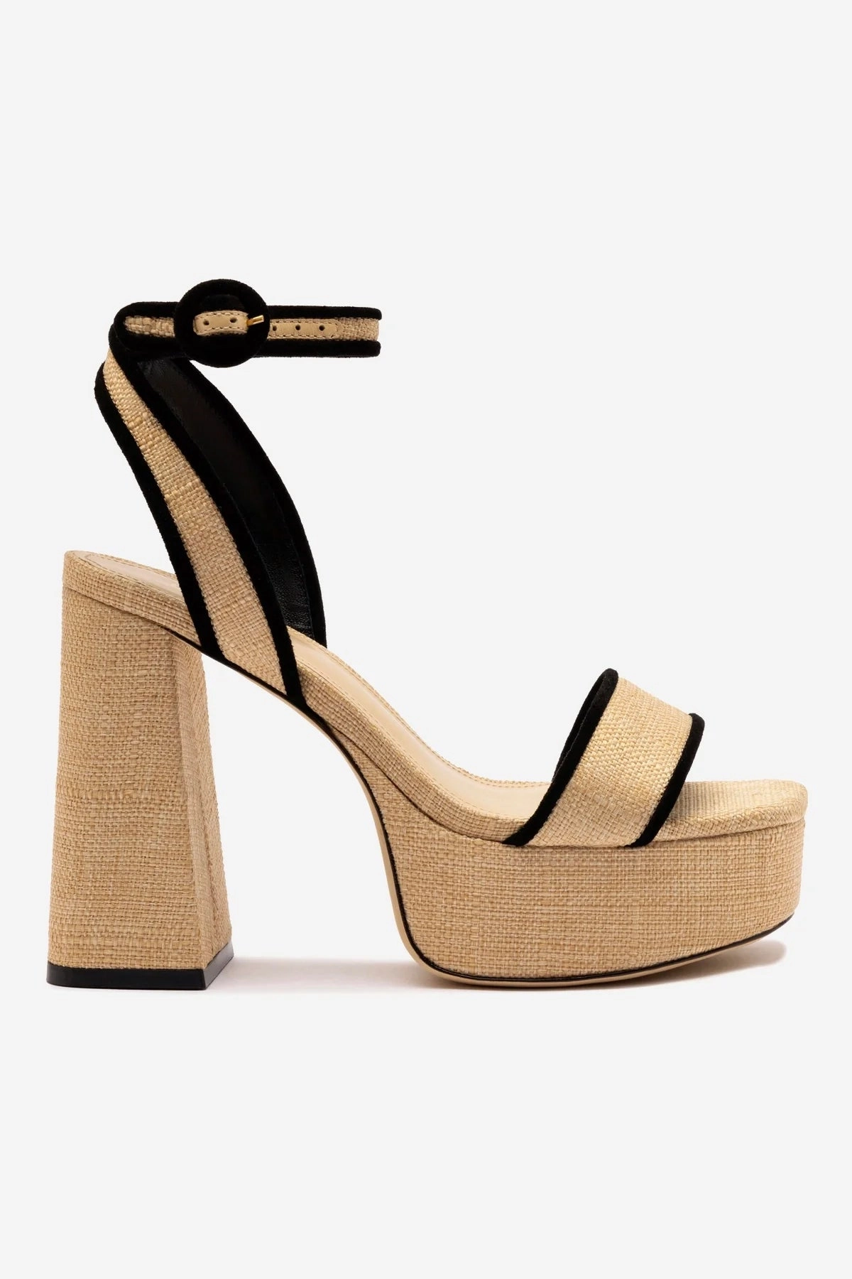 High Heel Breathable Walking Dolly Sandal In Beige Raffia and Black Trimming