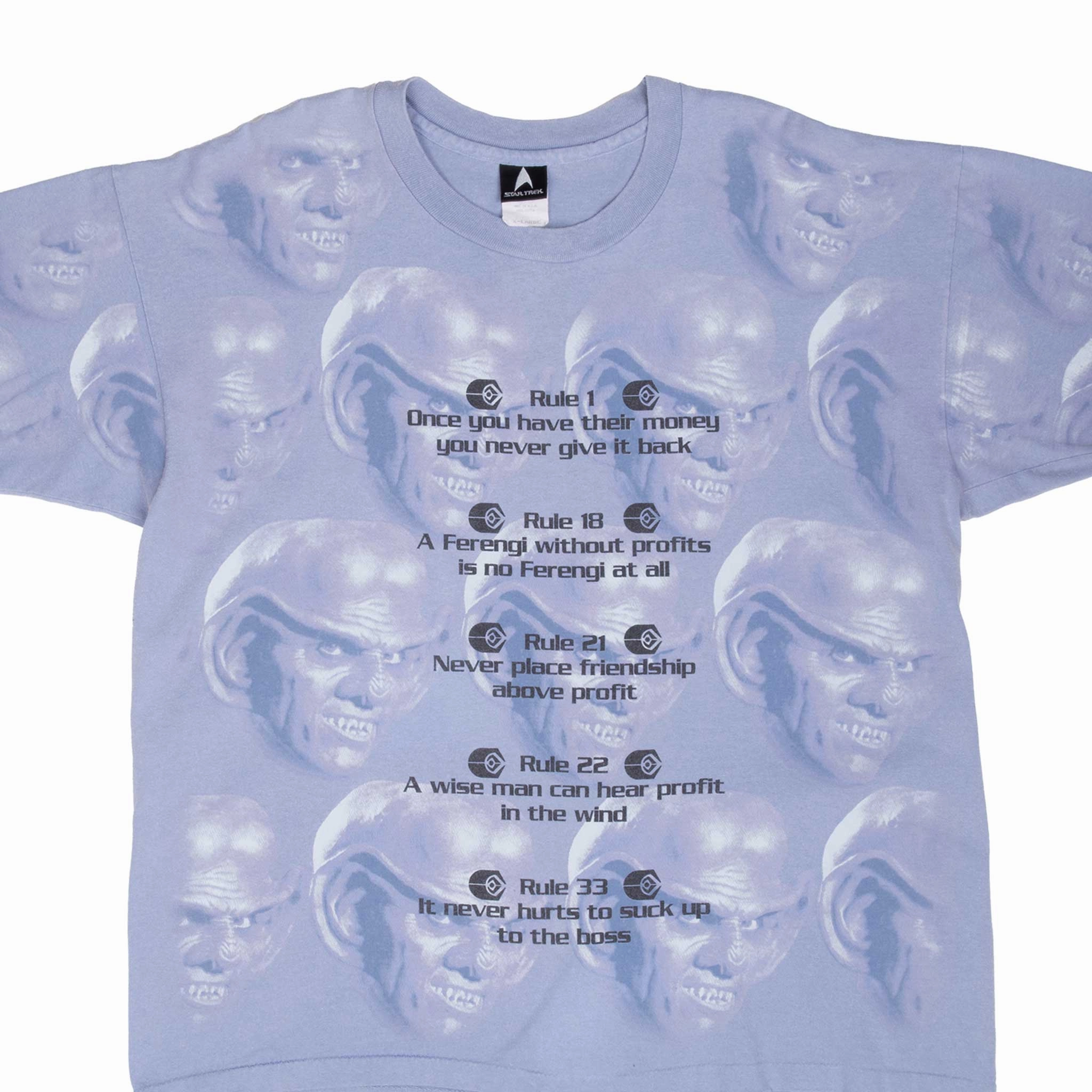 VINTAGE STAR TREK ROLES OF ACQUISITION ALL OVER PRINT TEE SHIRT 1990S XL MADE US Trendy Vibe Clean Cut