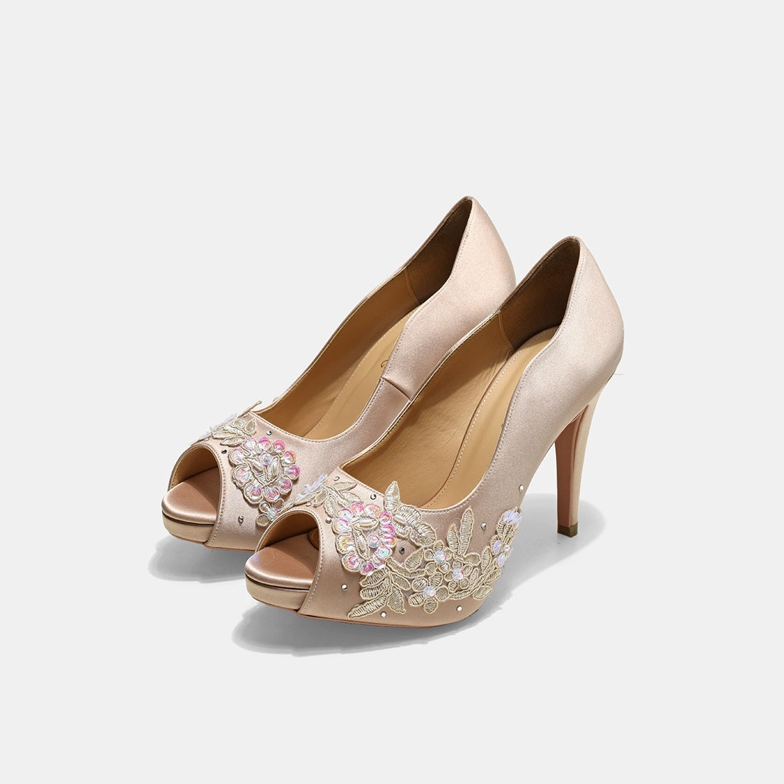 Rose Champagne Love Story Beige Lace Wedding Pumps Closed Toe Shoes